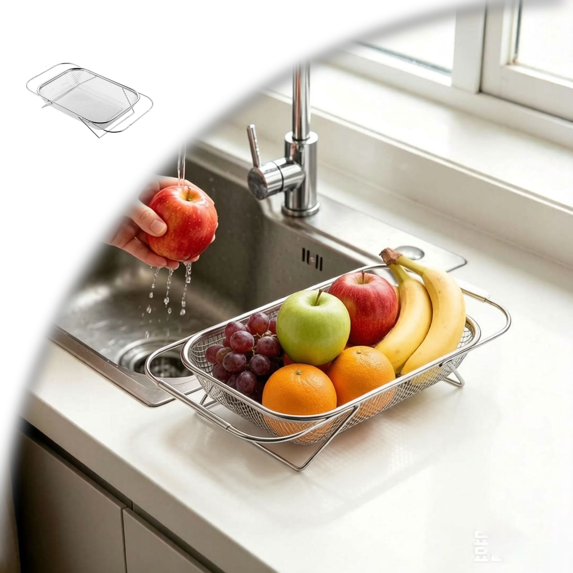 Upgrade Over The Sink Mesh Colander Expandable Strainer Stainless Steel Vegetable Basket for Kitchen Sink