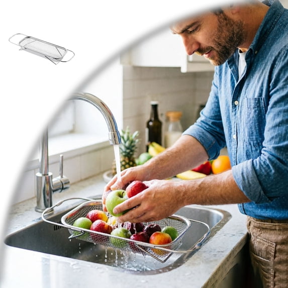 Upgrade Over The Sink Mesh Colander Expandable Strainer Stainless Steel Vegetable Basket for Kitchen Sink
