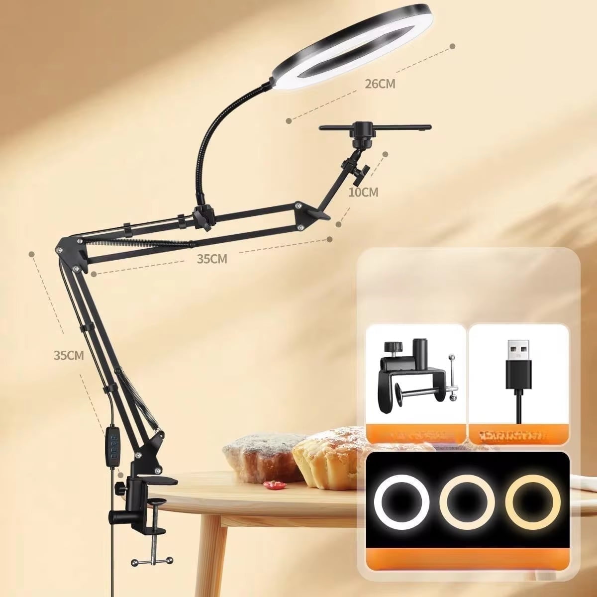 Upgrade Overhead Camera Phone Mount, 10" Desk Ring Light for Computer, Overhead Tripod Phone Mount for iPhone Live Streaming/Laptop Conference/Chat/Makeup/YouTube/Tiktok/Vlog