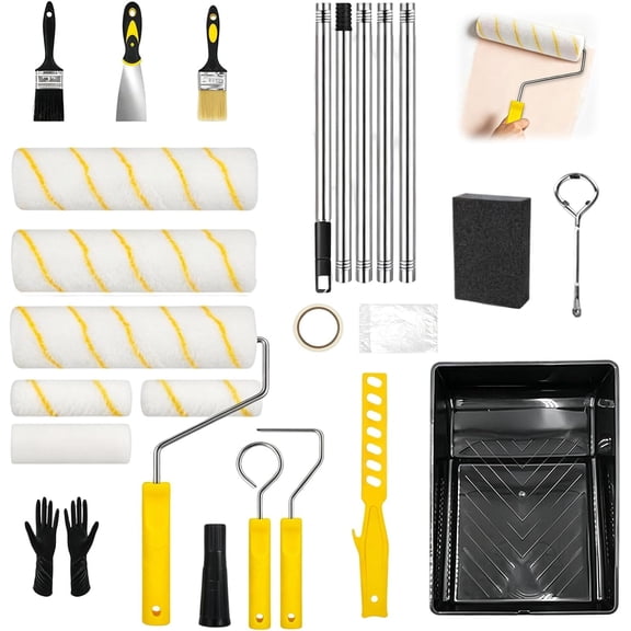 Upgrade Paint Roller Kit, Complete House Painting Tools Set with Extendable Pole, Paint Trays, Roller Covers, Paint Brushes, Scraper for Wall Ceiling Home DIY Painting