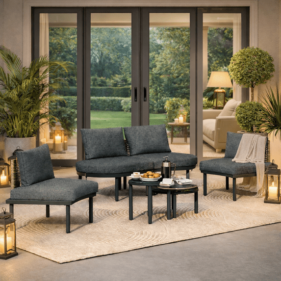 Upgrade Patio Furniture Set, Seizeen 6-Piece Half-Moon Patio Sofa Set, Modular Outdoor Sectional with 2 Round High-Low Coffee Tables, PE Wicker & Aluminum Frame, Tempered Glass Top, Cushions & Pillow