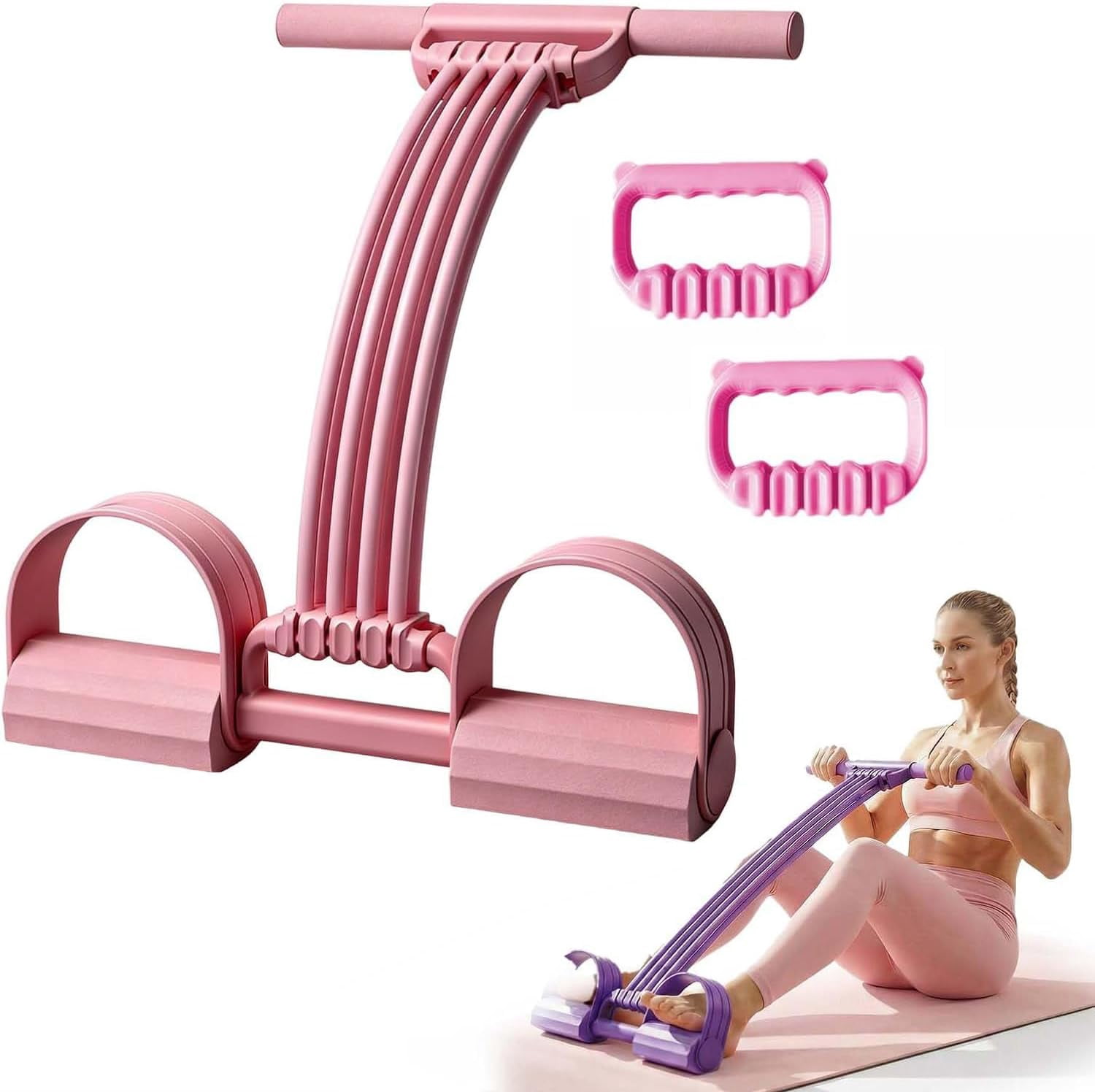 Upgrade Pedal Resistance Bands with Handles 8 Tube Natural Rubber Tension Rope, Home Gym Yoga Pilates Stretch Bands for Adults Full Body Arm Leg Core Training Portable (1 Pack pink)
