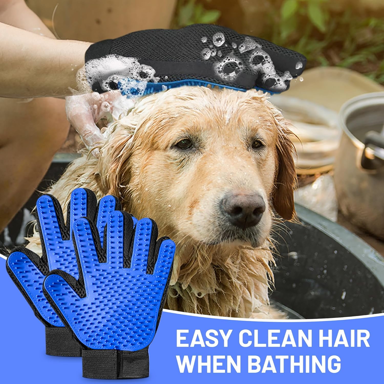 Pet Grooming Glove – Deshedding Brush Mitt For Dogs & Cats, Right Hand, Blue – Easy Fur Removal
