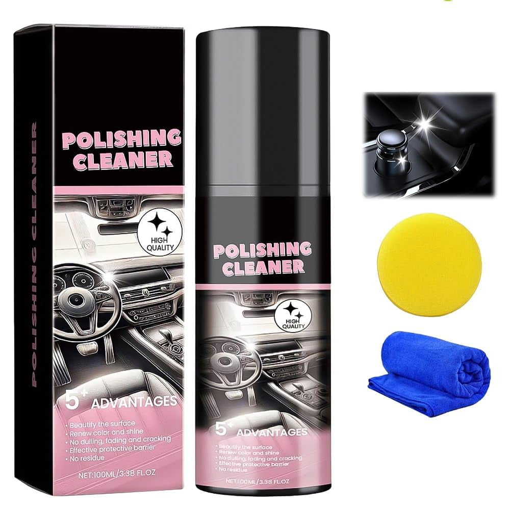 Spray Detergente E Lucidante Per Interni Auto OLYGEE, 100 Ml, Per Pelle E Gomma, Con Effetto Antistatico E Protezione UV, Include 2 Spugnette