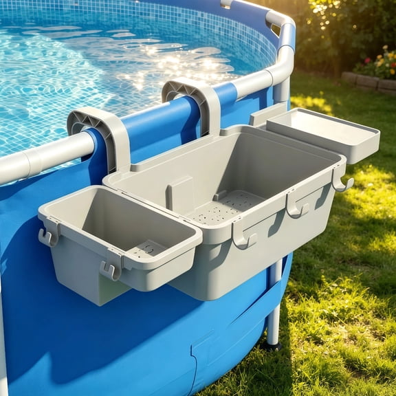 Upgrade Poolside Storage Basket with Cup Holder, 3-in-1 Hanging Pool Organizer, Fits 3 Inch or Less Top Rail, Above Ground Pool Accessories for Towels, Toys & Drinks, Grey
