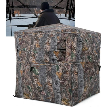 Upgrade Portable 2-3 Person Hunting Blind See Through 270 Degree Pop Up Ground Blind with Carrying Bag, 150D Waterpfoof Hunting Tent for Deer & Turkey Hunting (Camouflage)