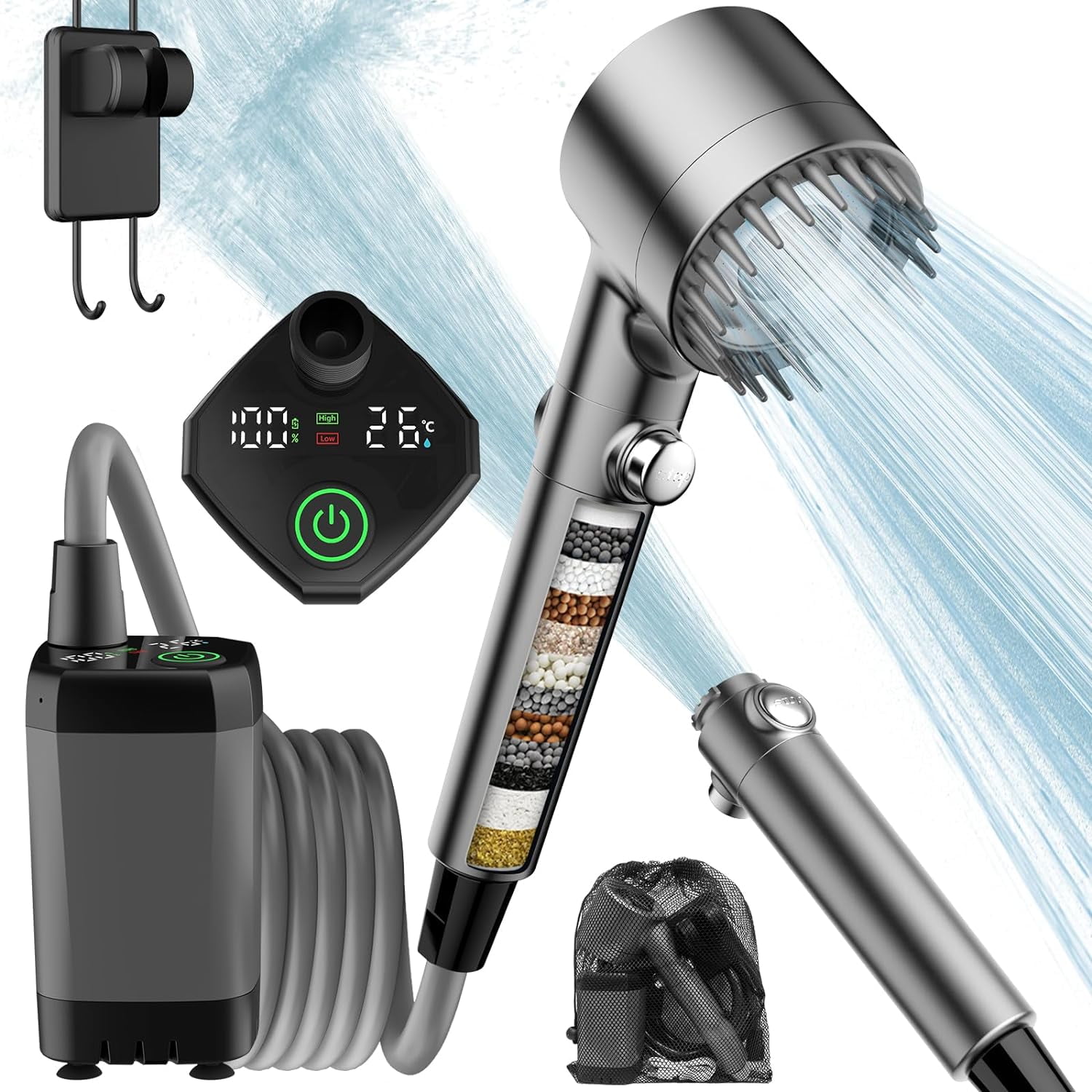 Beteliva Portable Camping Shower with Pump, 6000mAh Rechargeable Electric Shower Pump with 18 Stage Filtered Shower Head, Smart Digital Display, Outdoor Camp Shower for Camping, Hiking, RV Travel