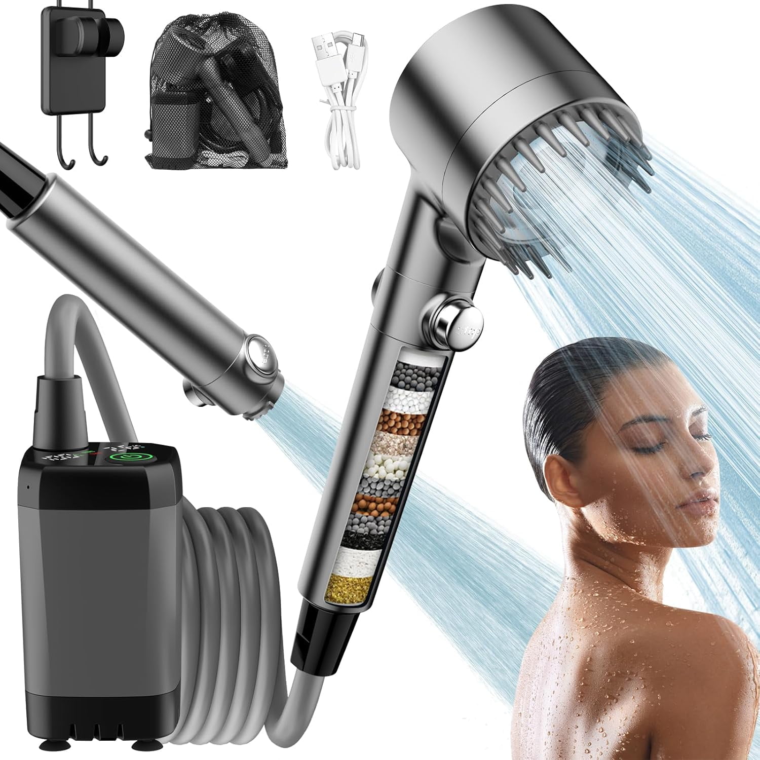 Upgrade Portable Camping Shower, 6000mAh Rechargeable Electric Shower Pump with 18 Stage Filtered Shower Head, Smart Digital Display, Outdoor Camp Shower for Camping, Hiking, RV Travel