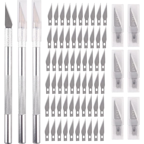 Upgrade Precision Hobby Knife Set, 3 Metal Pens Handles+ 63 Spare Replacement Blades with Cap Mini Craft Utility Knife Cutting Tools Kit for DIY Art, Pencil, Stencil, Carving Work, Scrapbooking