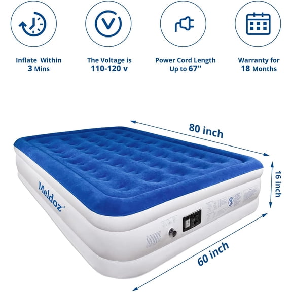 Upgrade Queen Air Mattress with Built-in Pump, Double High Blow Up Mattress for Home, Camping & Guest, 3 Mins Quick Inflate, Inflatable Air Bed with Water Resistant Flocked Top - 18 Inch