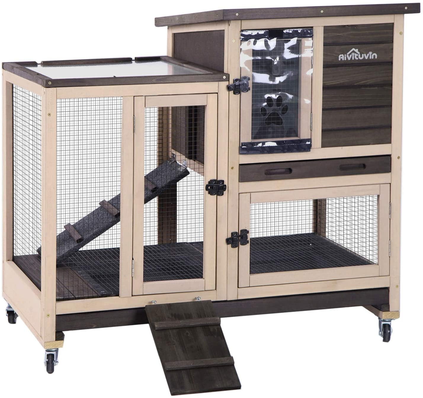 Upgrade Rabbit Cage Indoor Bunny Hutch with Run with Two Deeper No Leak Trays - 4 Casters Include for Outdoor (Coffee)