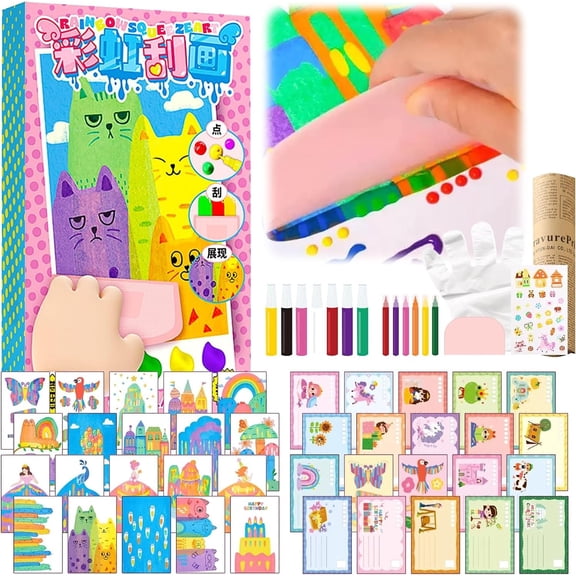 Upgrade Rainbow Scratch Art Set, 20 Sheets, 7 Color Tools, Stickers | Create floating art and postcards with stickers as creative gifts for birthdays, Valentine's Day, Year, and parties.