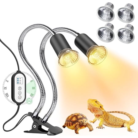 Motomate Reptile Heat Lamp Dual-Head UVA UVB Light with Timer, Basking Lamp for Turtle, Lizard, Snake, E26 Base