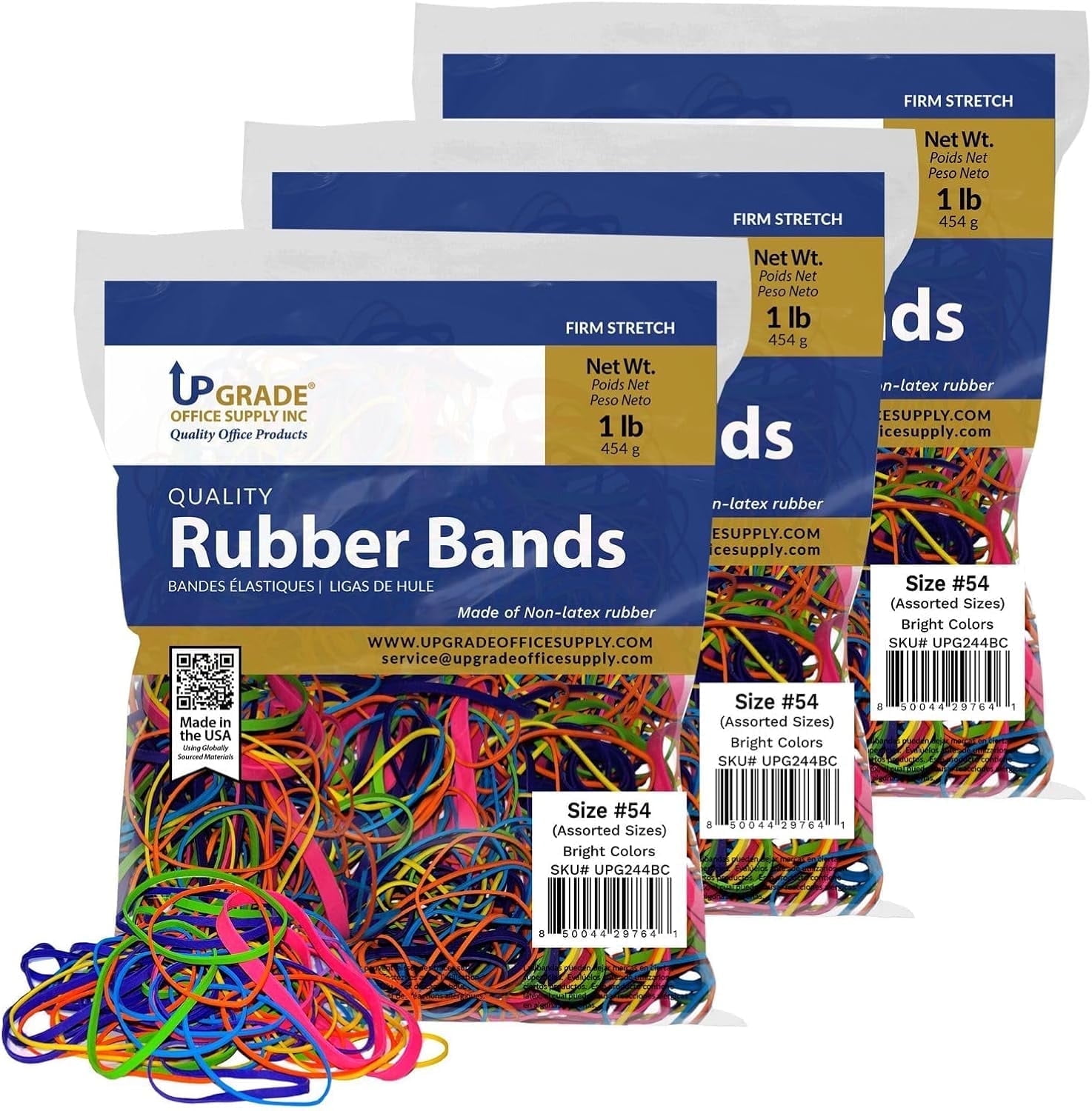 Upgrade Rubber Bands, Assorted Sizes & Bright Colors, Non-Latex, 1 lb Bags, 3-Pack, USA