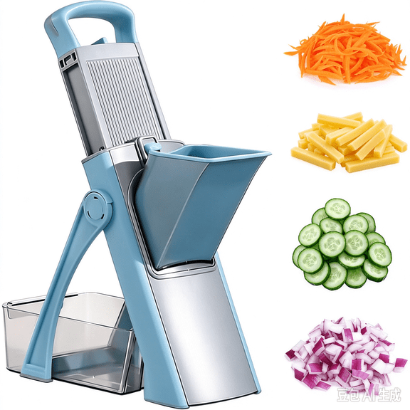 Upgrade Safe Hands-Free Mandoline Slicer Plus, Multi-Cut Stainless Steel Vegetable Chopper, Potato Fry Cutter Onion Dicer with Storage Tray, Space Saving Kitchen Prep Tool as Gift