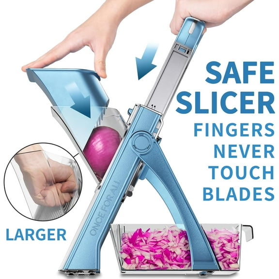 Upgrade Safe Mandoline Slicer Plus, Large Capacity Adjustable Vegetable Chopper with Hidden Blade, 4-in-1 Dicer Julienne Cutter for Kitchen, Sky Blue