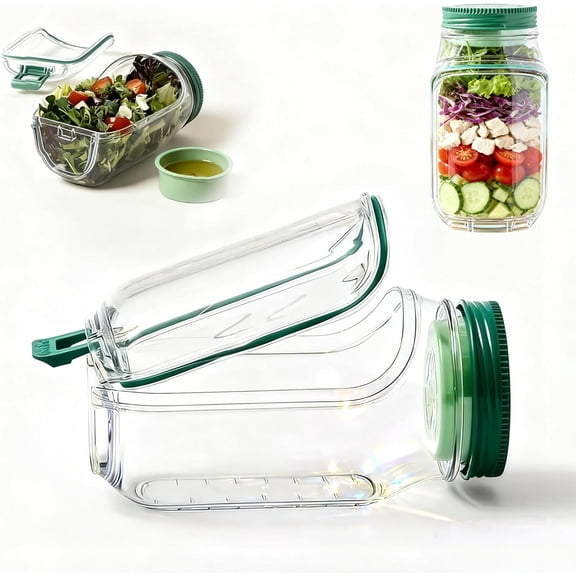 Upgrade Salad Jar, Mason Jar Salad Container with Side Opening, Leakproof Dressing Compartment, Vertical Layering Salad Jars, Reusable & Portable Lunch Containers for Office, Picnic & Travel,Green