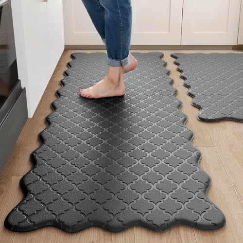 Upgrade Scalloped Embossed Kitchen Mats for Floor 2PCS Cushioned Anti Fatigue Waterproof Foam Kitchen Rugs Non Slip Washable Comfort Standing Mat for Office Sink Laundry, Black
