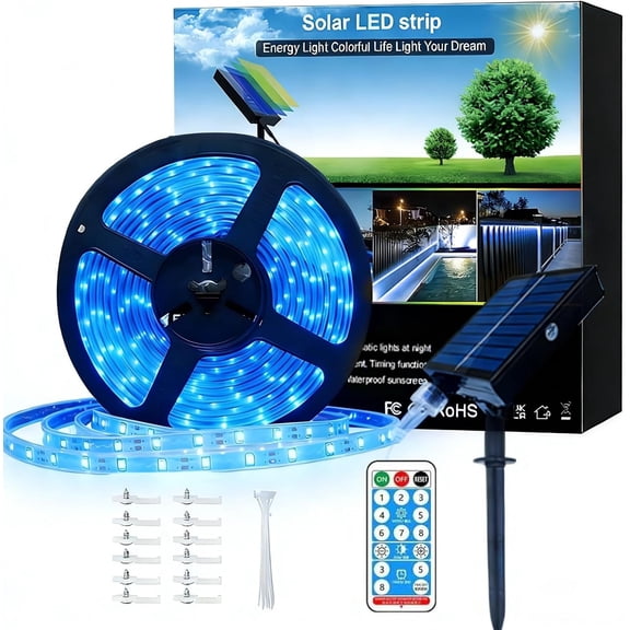 Upgrade Solar Led Strip Lights Outdoor, 20ft Solar Rope Lights Self-Adhesive , 8 Mode with Remote Timer and Auto /Off,  for Deck, Patio, Poolside, Camping Decor, Blue