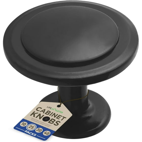 LifeMaster 25pcs 1-1/4" Matte Black Cabinet Knobs - Rust-Proof, Modern Design, Strong Zinc Alloy, Drawer Pulls with Short and Adjustable Screws - Stylish Handles for Kitchen, Dresser, and Cabinets