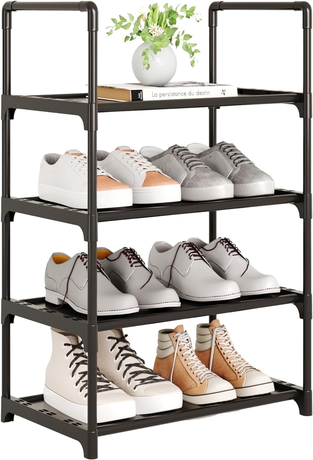Stackable Compact Shoe Rack Upgrade Stackable Small Shoe Rack, 4-Tier Shoe Shelf Storage Organizer ...