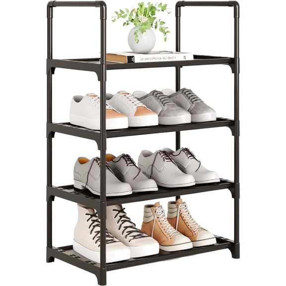 Upgrade Stackable Small Shoe Rack, 4-Tier Shoe Shelf Storage Organizer with Handle for Entryway, Hallway and Closet (Black)