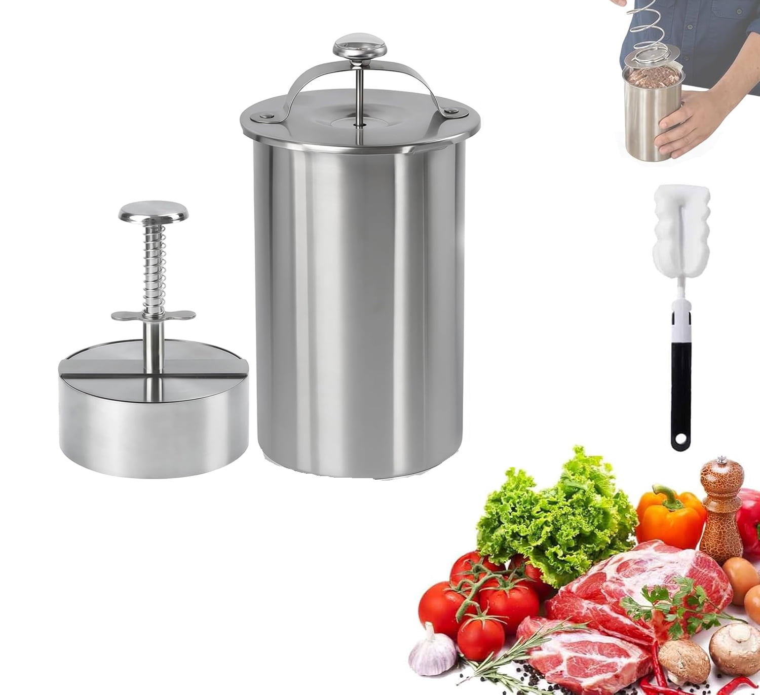 Upgrade Stainless Steel Deli Meat Press with Thermometer & Spring Mechanism, Maker Lunch Meats Presss for Healthy Home Cooking , Stainless Steel Ham Press Maker