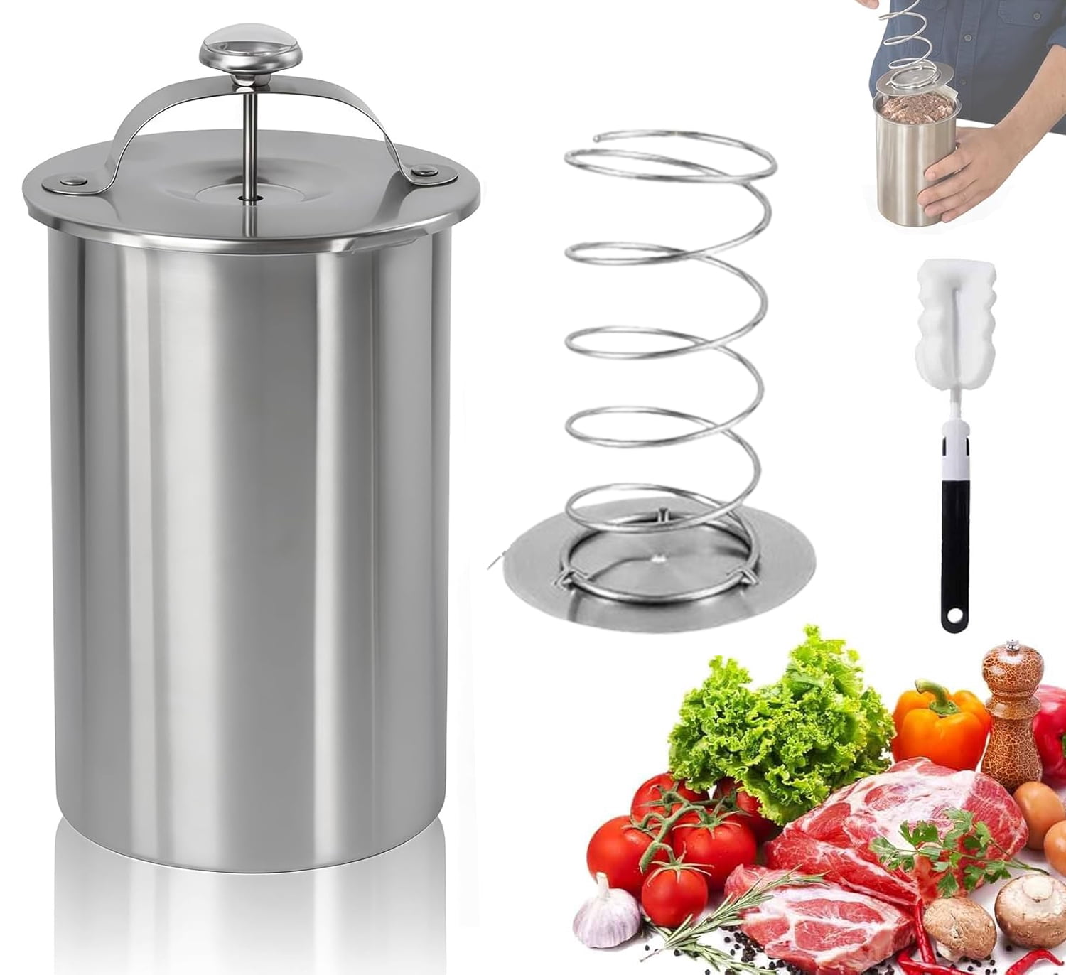 Upgrade Stainless Steel Deli Meat Press with Thermometer & Spring Mechanism, Maker Lunch Meats Presss for Healthy Home Cooking , Stainless Steel Ham Press Maker