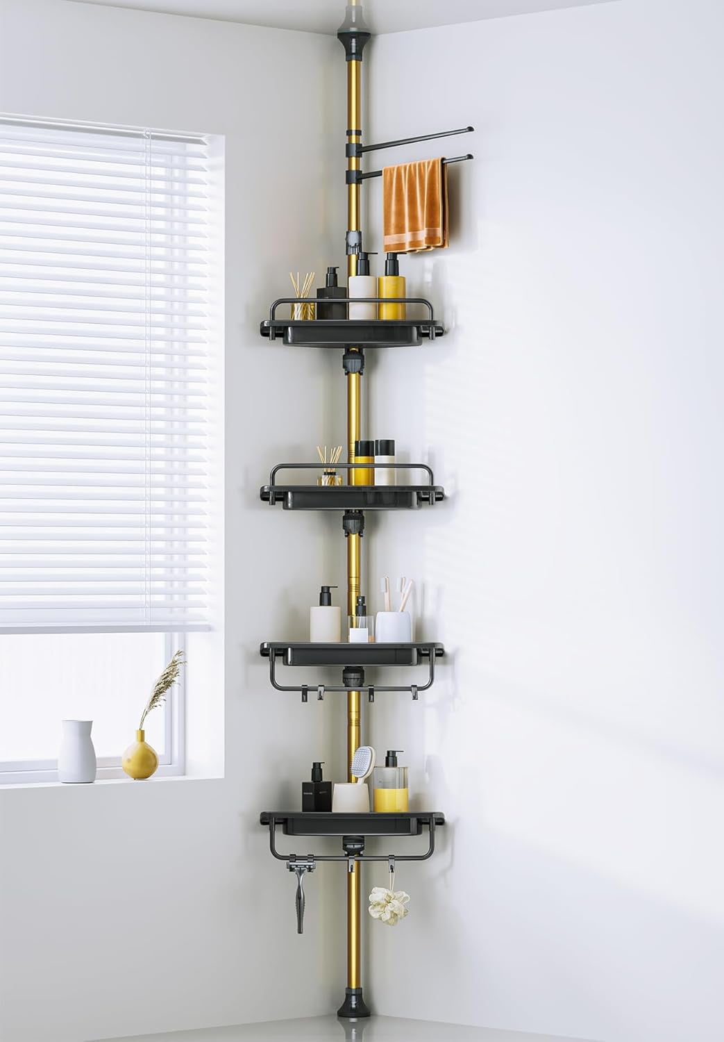 Upgrade Sturdy Shower Caddy Tension Pole Black and Gold Corner Shower ...