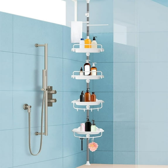 Upgrade Sturdy Shower Caddy Tension Pole Corner Bathroom Organizer Stainless Steel Rustproof 4 Tier Adjustable Shelves, Black