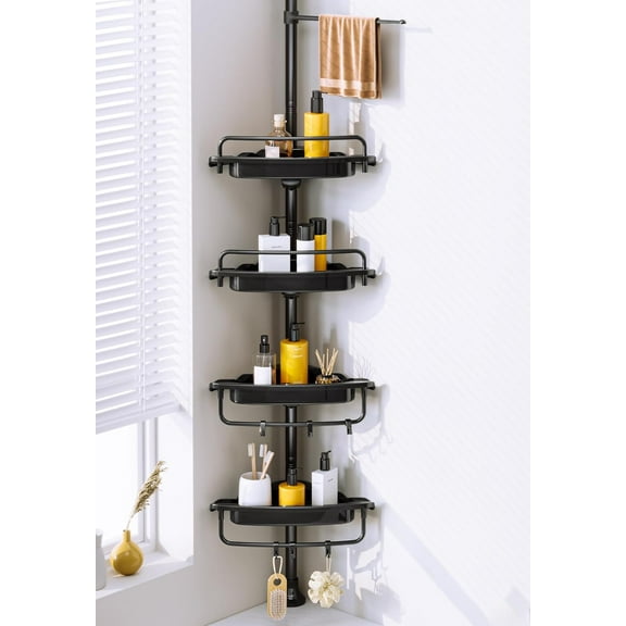 Upgrade Sturdy Shower Caddy Tension Pole Corner Shower Caddy Bathroom Organizer 18/8 Stainless Steel Rustproof 4 Tier Adjustable Shelves for Bathtub Shampoo Accessories Storage Rack 32-122inch