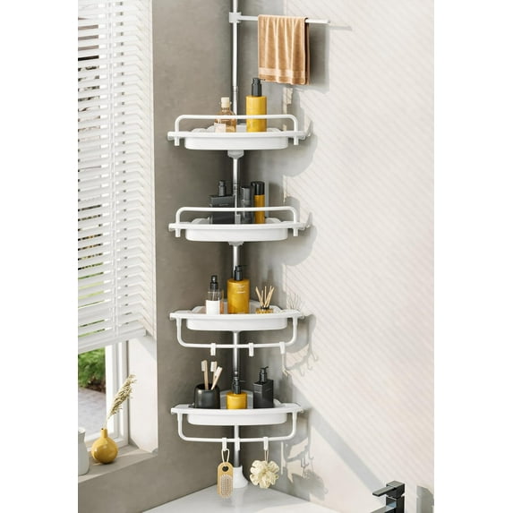 Upgrade Sturdy Shower Caddy Tension Pole Corner Shower Caddy Bathroom Organizer 18/8 Stainless Steel Rustproof 4 Tier Adjustable Shelves for Bathtub Shampoo Accessories Storage Rack 32-122inch