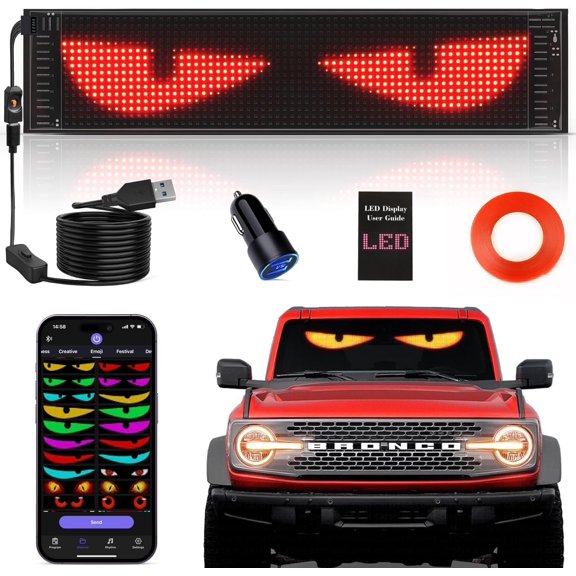 Upgrade Syncronize Multiple Devil Eyes Ligt, 15''x4'' Full Color led Eyes for car Windsield, Programmable Scrolling LED Display for Car, car Eyes Animated led for Car SUV Window