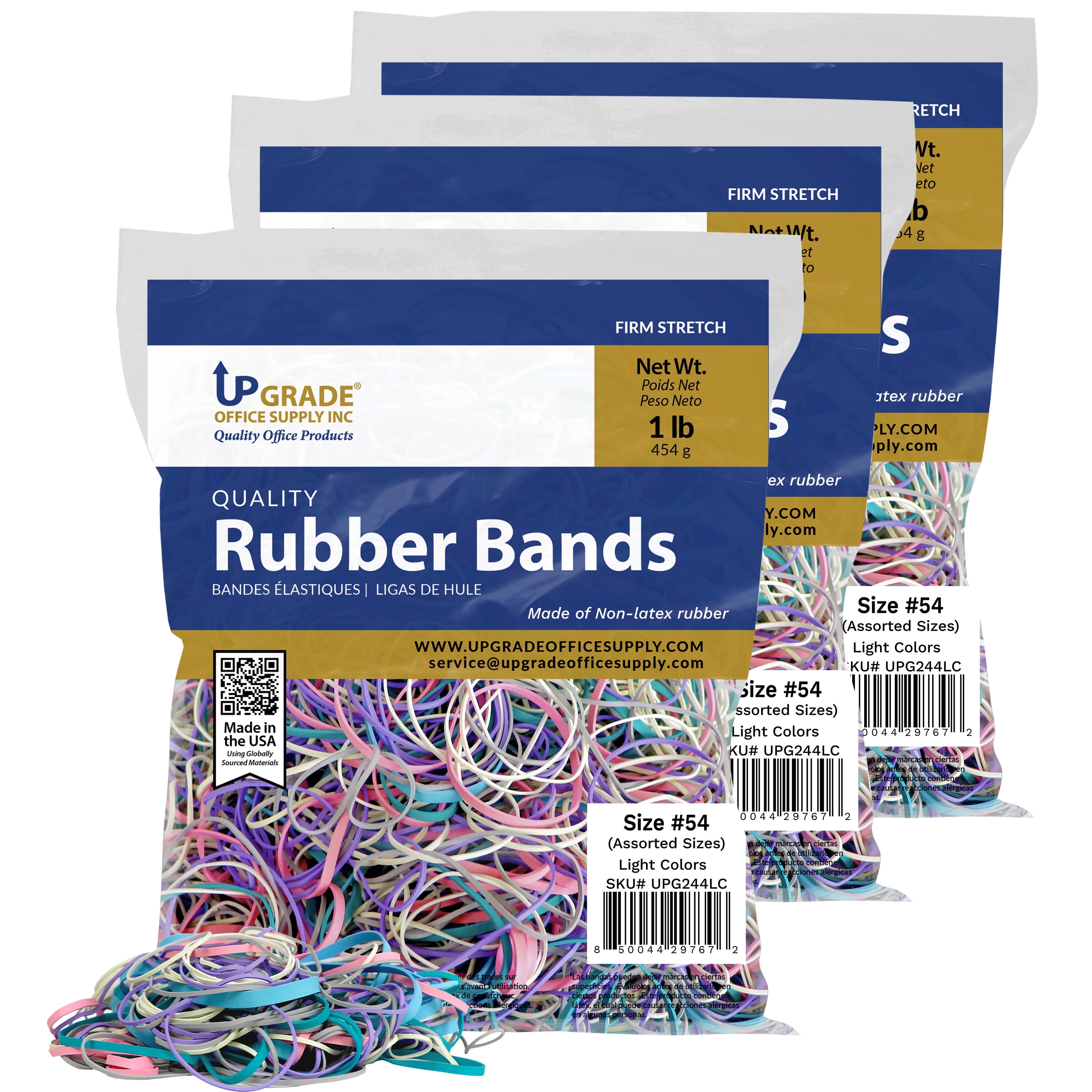 Upgrade UPG244LCPK3 Rubber Bands, Assorted Sizes & Light Colors, 1 lb, 3-Pack, USA