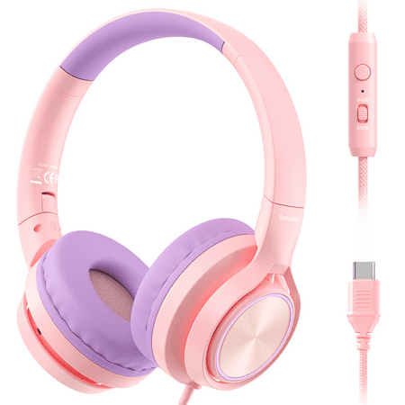 Upgrade USB-C Kid Headphone with Microphone, Safe Volume Limiter 85/94dB, Foldable Over Ear Wired Headphones for Toddlers/Boys/Girls/School/Laptop/Travel-Pink