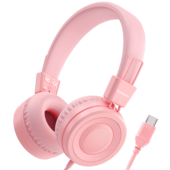 Upgrade USB Type C Kids Headphone for School, 94dB Safe Volume Limited, HD Stereo Sound, Foldable Lightweight On-Ear Headphones for Boys/Girls/Students/Tablet/Travel-Pink