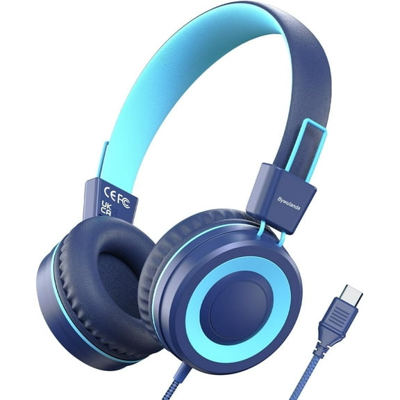 Upgrade USB Type C Kids Headphone for School, 94dB Safe Volume Limited, HD Stereo Sound, Foldable Lightweight On-Ear Headphones for Boys/Girls/Students/Tablet/Travel-Blue