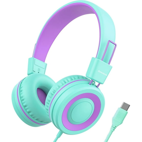 Upgrade USB Type C Kids Headphone for School, 94dB Safe Volume Limited, HD Stereo Sound, Foldable Lightweight On-Ear Headphones for Boys/Girls/Students/Tablet/Travel-Green