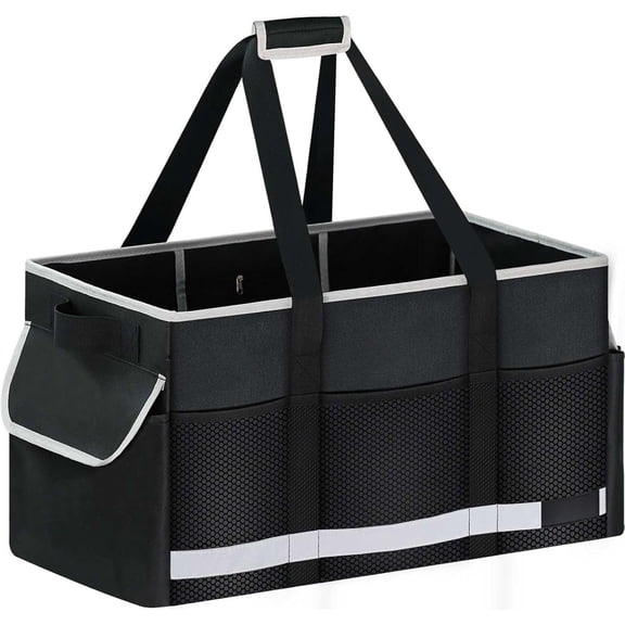 Upgrade  Utility Tote Bag with Reflective Strip, Standing  Grocery Bags with Hard Bottom & 4 Sided Reinforced, Collapsible Utility Tote with Handles for Shopping, Beach,  | Standing