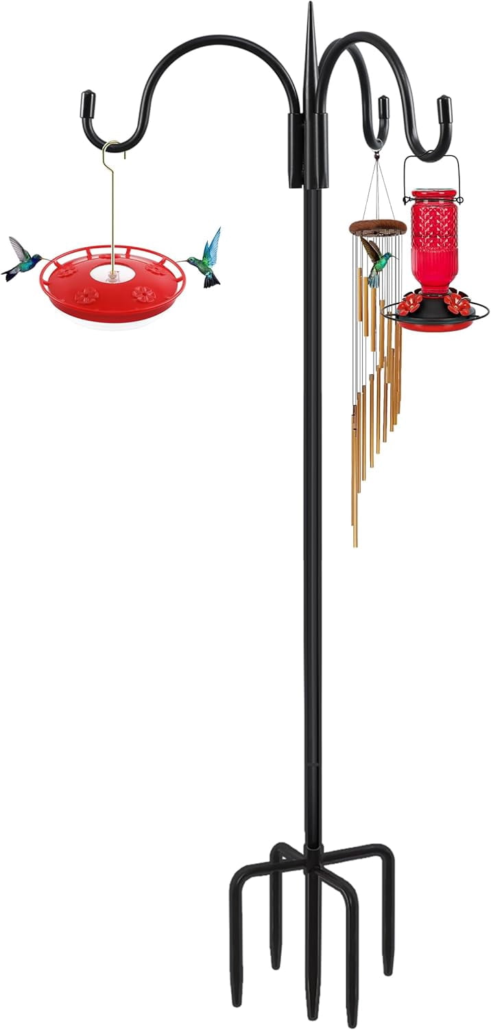 [Upgrade Version 76 Inch Three Shepherd Hooks for Outdoor,Bird Feeder Pole with 5 Prong Base, Adjustable Shepard Hooks for Hanging Plant, Solar Lanterns, Wind Chimes, 1 Pack