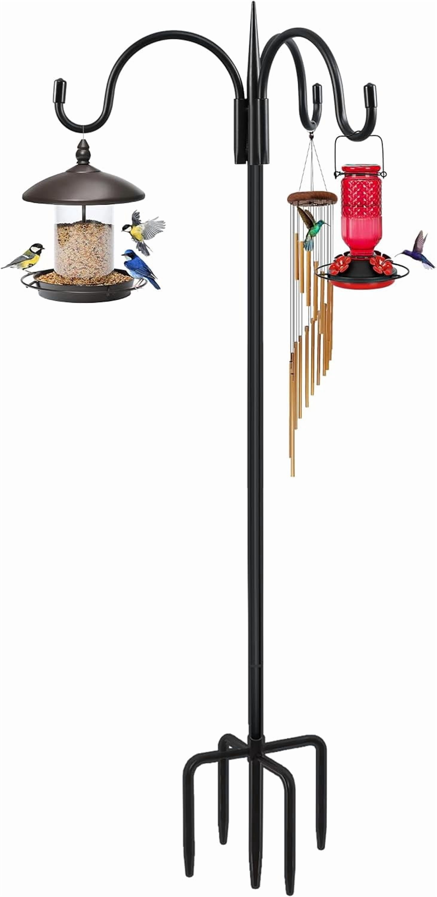 Heavy Duty Shepherds Hook 92" Triple Hooks - Metal 5-Prong Base, Adjustable (44/60/76/92") - 15lb Capacity Bird Feeder Pole for Hanging Plants, Solar Lanterns, Wind Chimes, 1 Pack
