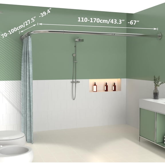 Upgrade-Version L Shaped Shower Curtain Rod,28-39 X 43-67 Inch Curved Shower Rod,Adjustable Shower Rods,Stainless Drilling Shower Curtain Rods with 18 Ring Hooks,for Bathroom Tub Dressing Room