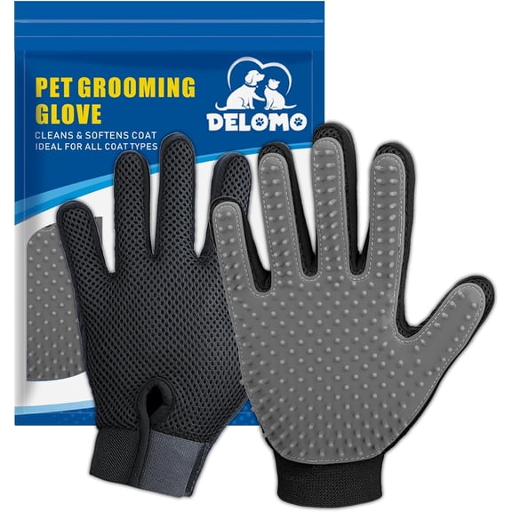 Upgrade Version Pet Grooming Glove - Gentle Deshedding Brush Glove - Efficient Pet Hair Remover Mitt - Enhanced Five Finger Design - Perfect for Dog & Cat with Long & Short Fur - 1 Pair (Gray)