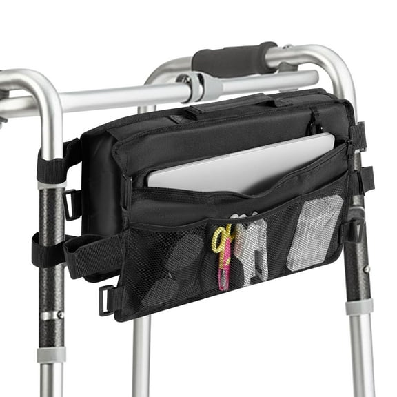 Upgrade Walker Basket Walker Bag Water Cup Holder Foldable Walker Storage Bag with Big Capacity & Never Tipping over, Best Gift for Family - Black ( Fit Rollator Walkers)