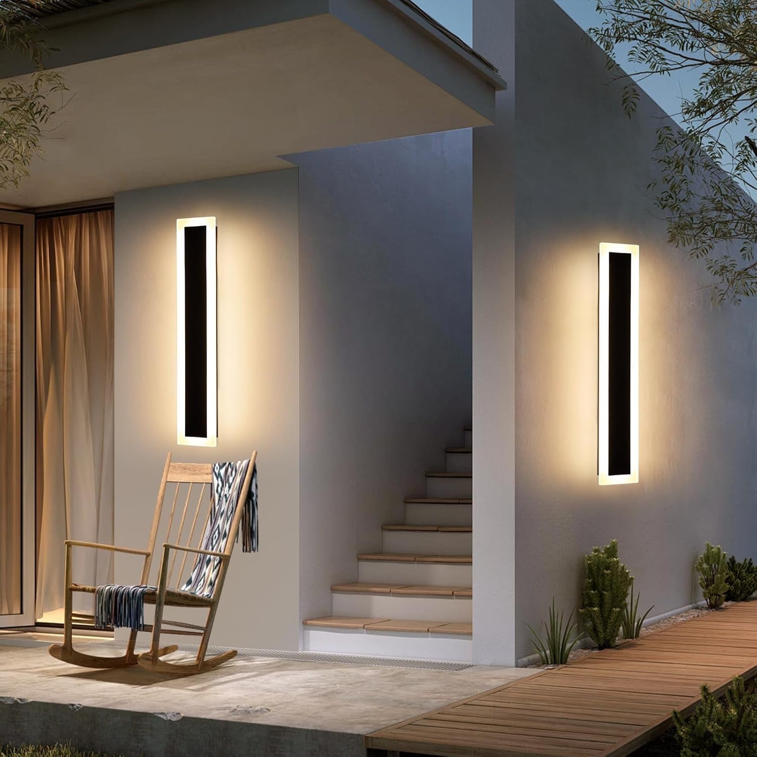 Upgrade Widened 2 Pack Modern LED Wall Sconce 23.6inch Outdoor Wall Light 3000K Warm White 24W IP65 Waterproof Black Long Linear Wall Mount Lighting