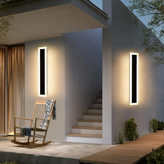 Upgrade Widened 2 Pack Modern LED Wall Sconce 23.6inch Outdoor Wall Light 3000K Warm White 24W IP65 Waterproof Black Long Linear Wall Mount Lighting