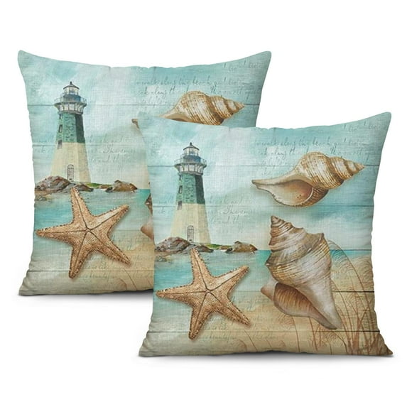Upgrade Your Summer Decor with Set of 2, 18x18 inch Linen Pillow Covers - Coastal Starfish & Coral Design for Beach-Themed Homes.