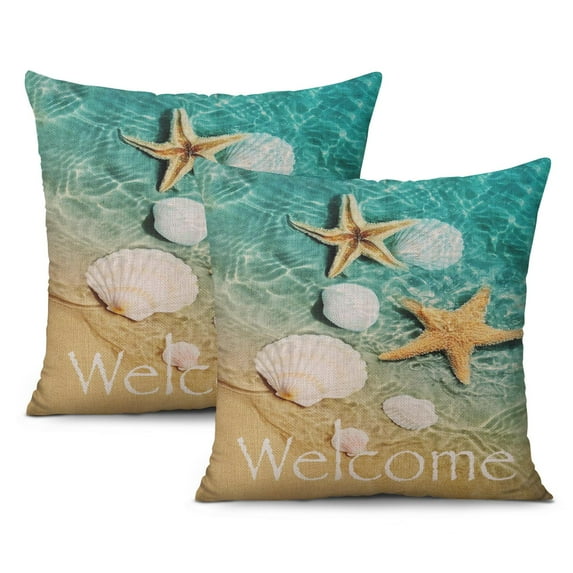 Upgrade Your Summer Decor with Set of 2, 20x20 inch Linen Pillow Covers - Coastal Starfish & Coral Design for Beach-Themed Homes.
