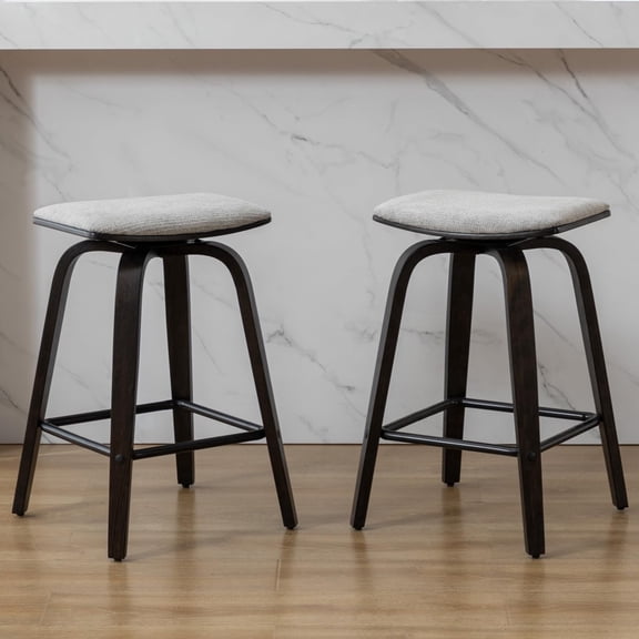 Modern 26" Counter Height Swivel Bar Stools, Set of 2, Upholstered Saddle Seat with Solid Wood Legs for Kitchen Island, Dark Walnut Grey