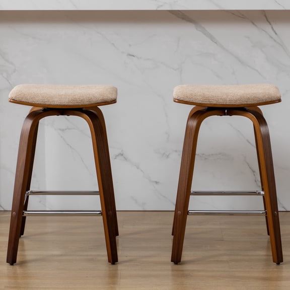 Modern 26" Counter Height Swivel Bar Stools, Set of 2, Upholstered Saddle Seat with Solid Wood Legs for Kitchen Island, Dark Walnut   Brown